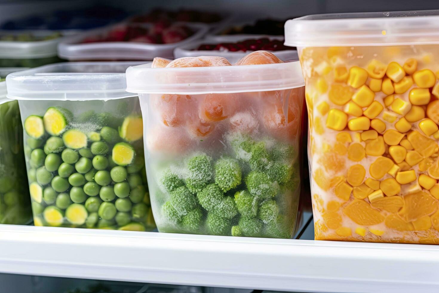 AI generated Frozen food in the freezer. Frozen vegetables. AI Generated photo