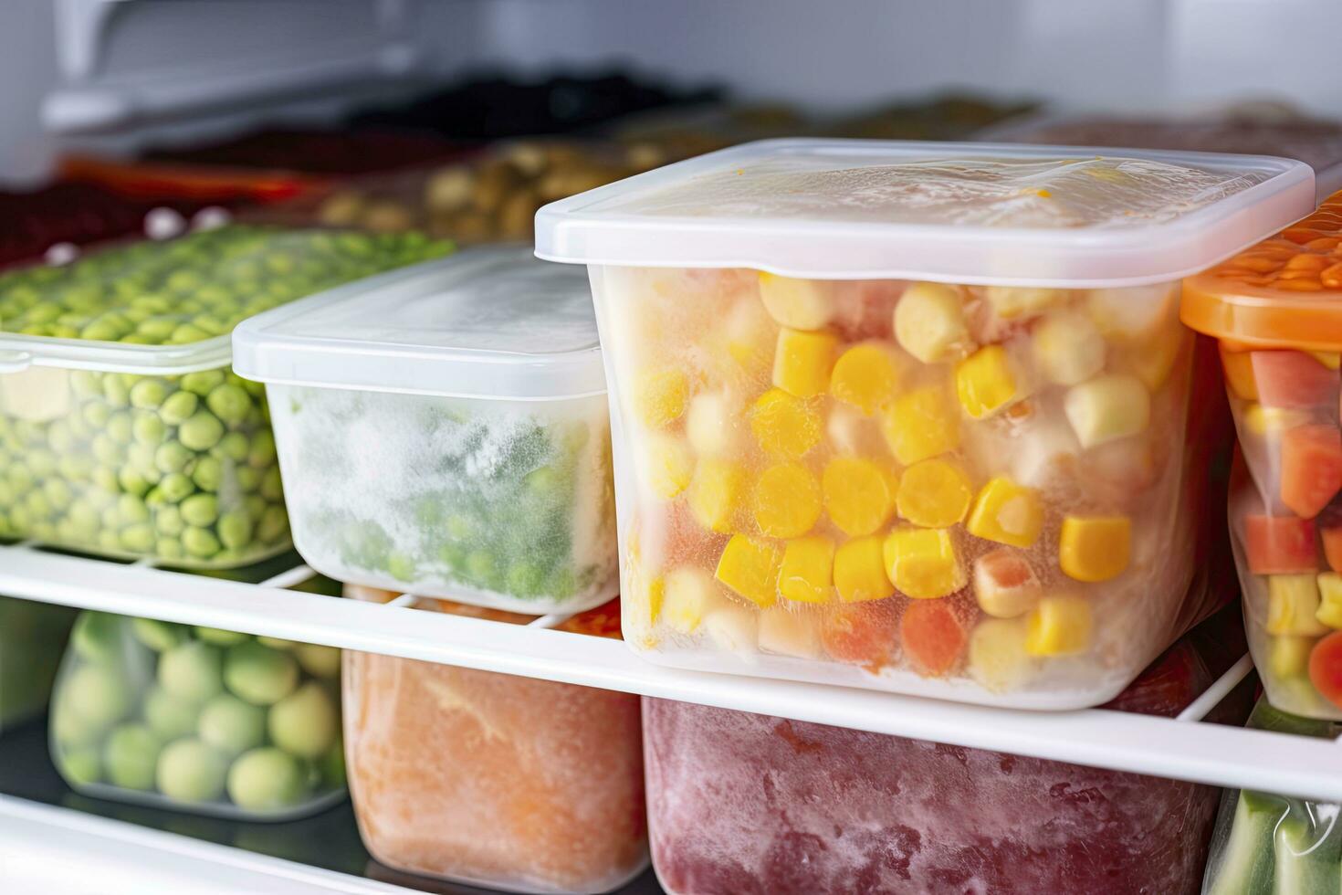 AI generated Frozen food in the freezer. Frozen vegetables. AI Generated photo