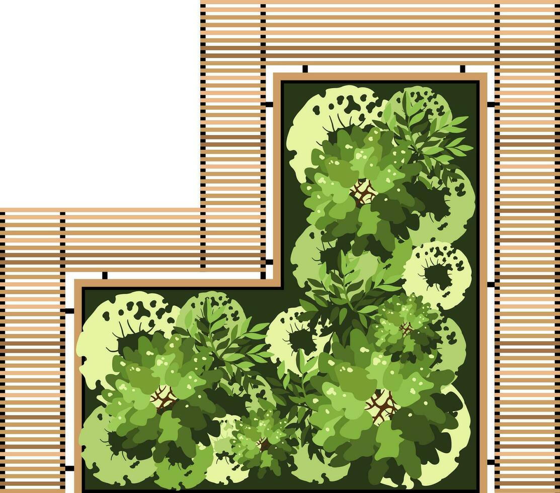 Top view of a bench for the architectural landscape plans. Bench with trees and greens. Entourage design. Vector. vector