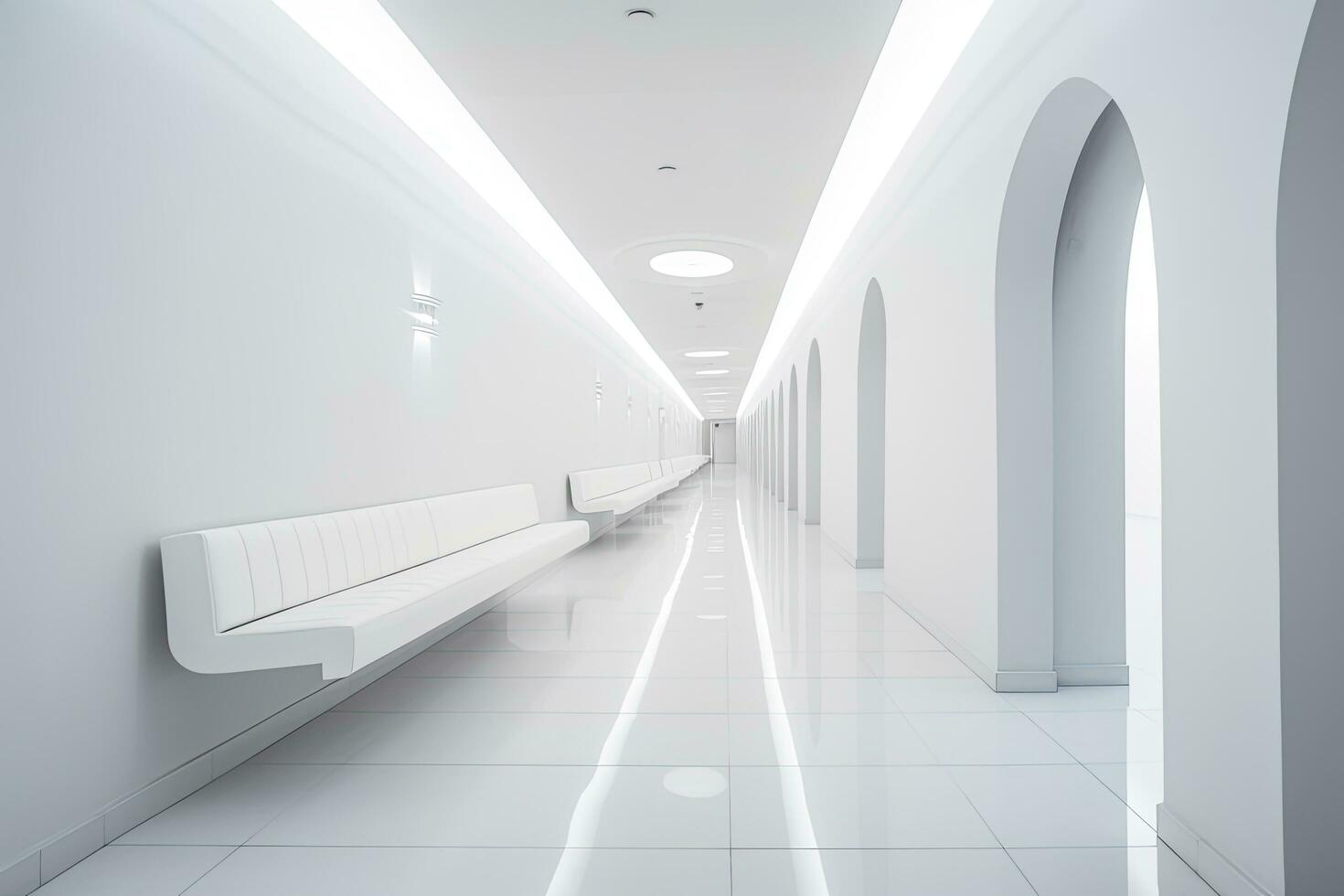 AI generated Interior design of a modern luxurious white building corridor or hallway with waiting seat. AI Generated photo