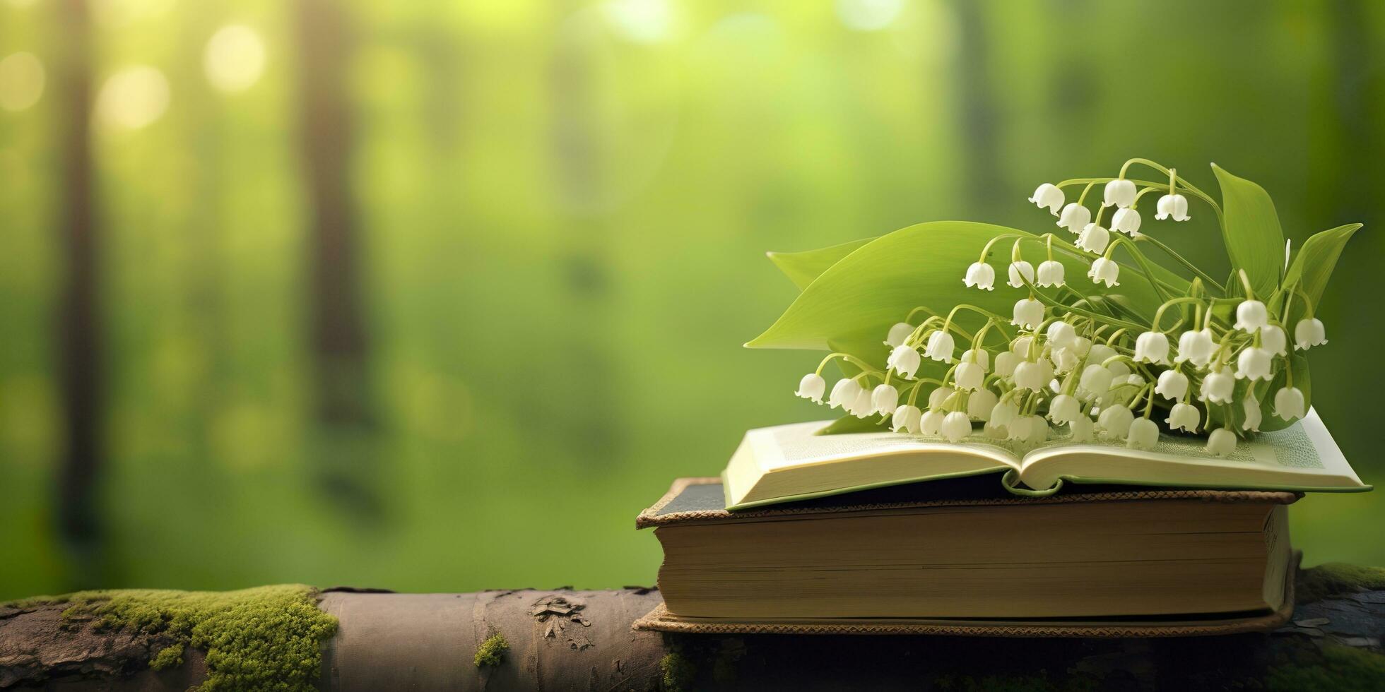 AI generated Lily of the Valley flowers and old books in the forest, green natural background. AI Generated photo