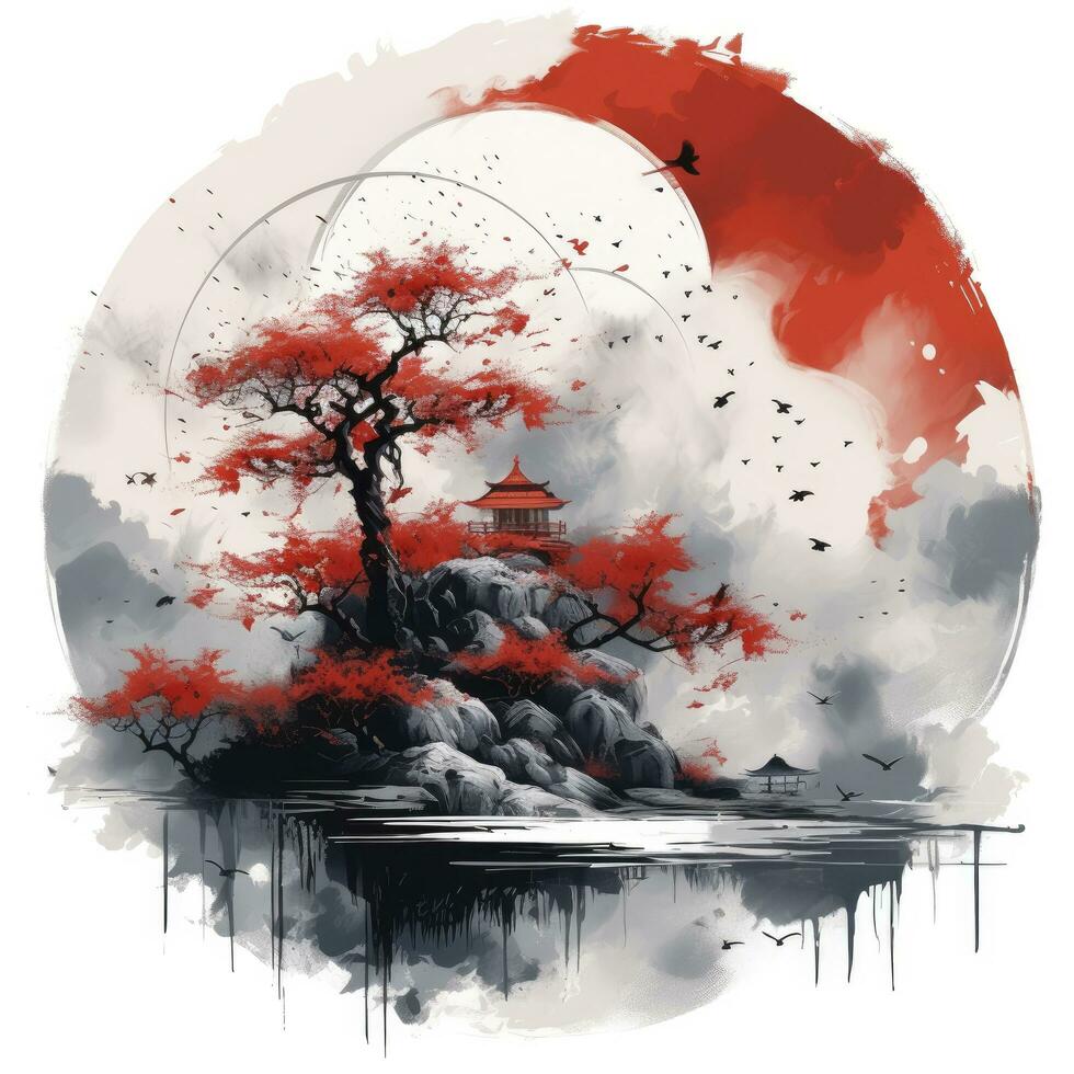 AI generated Chinese ink painting. T-shirt Design. AI Generated photo