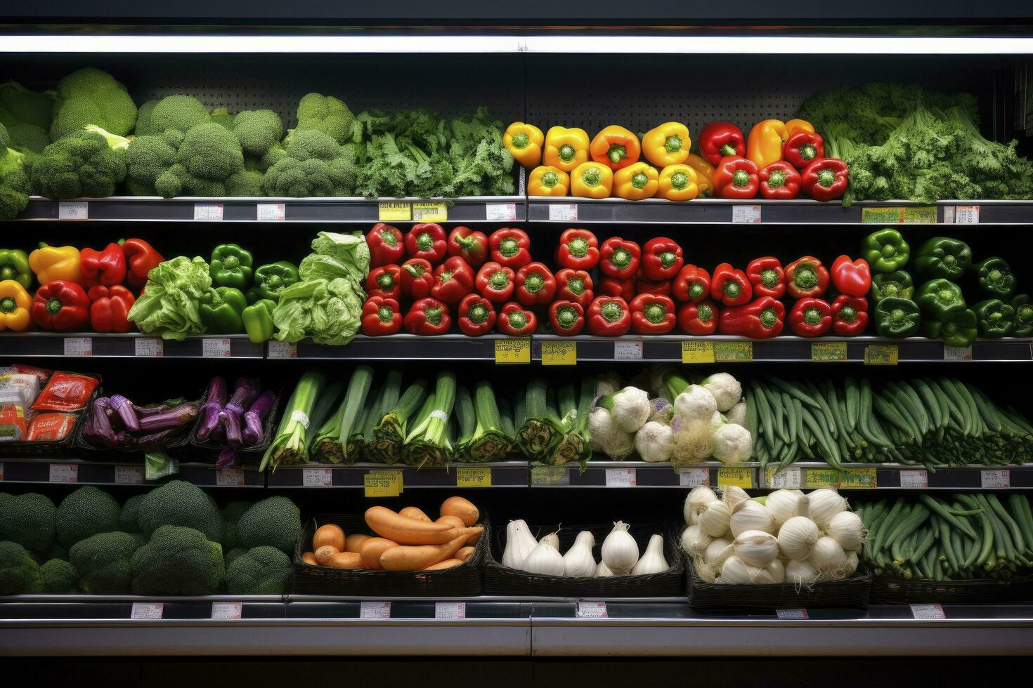 AI generated Fruits and vegetables on shop stand in supermarket grocery store. AI Generated photo