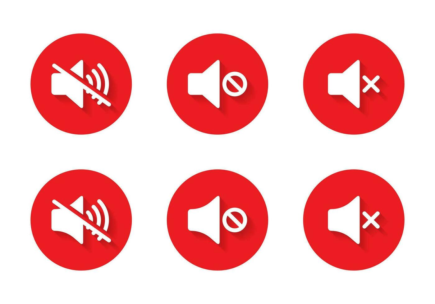Mute speaker, no sound icon vector on red circle. Silent symbol with shadow