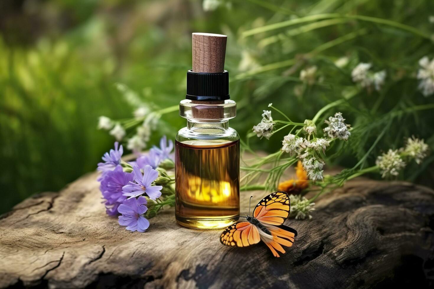 AI generated Glass Bottle of herbal essential extract, butterfly, and wildflowers on a tree stump. AI Generated photo