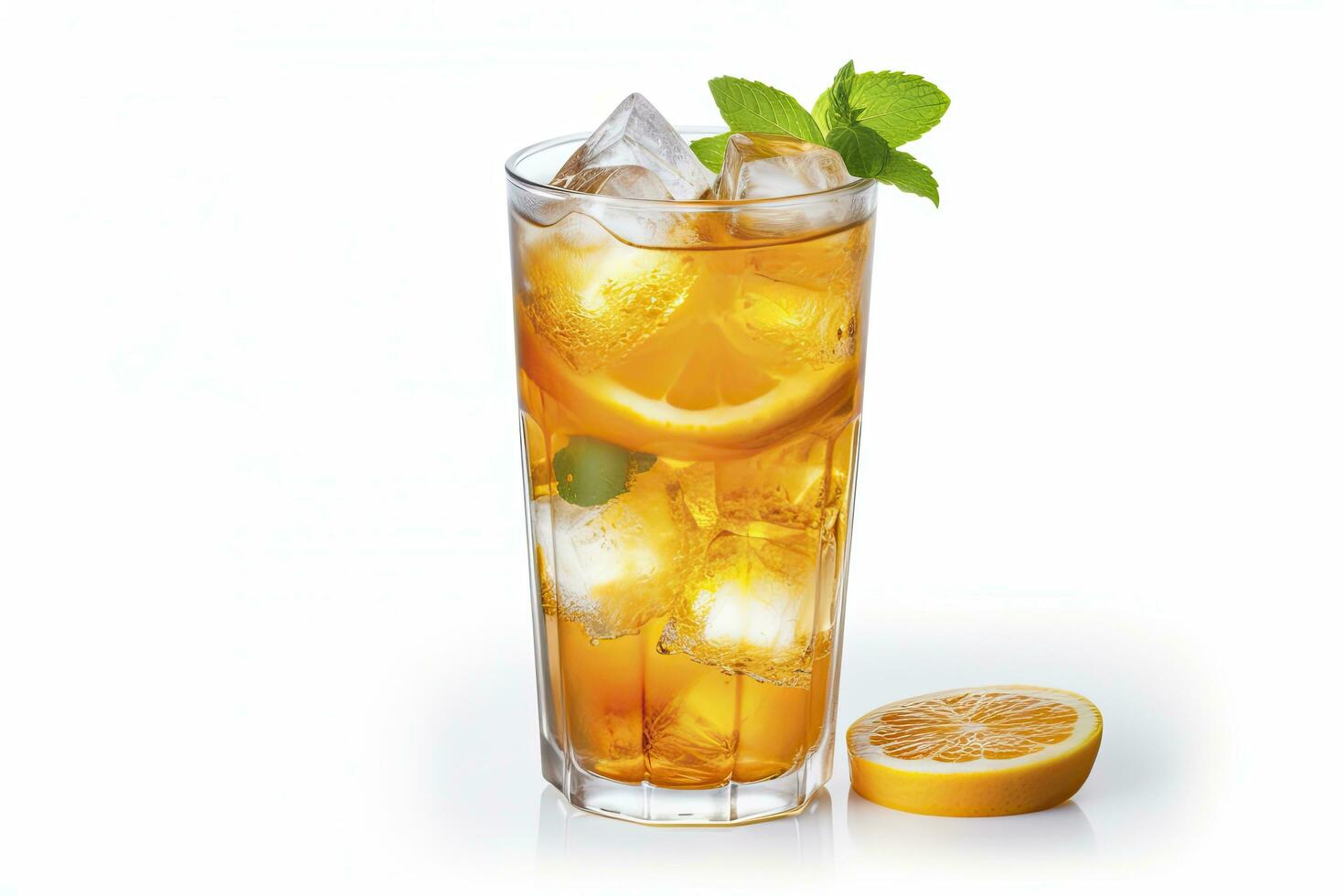 AI generated A glass of orange soda water with ice cubes on white background. AI Generated photo