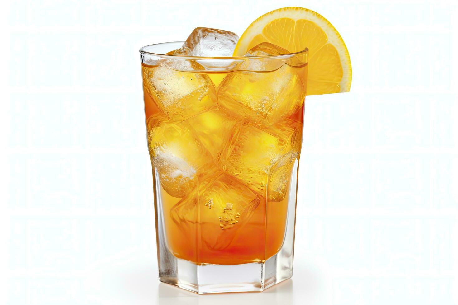 ai generado un vaso de naranja soda agua con hielo cubitos en blanco antecedentes. ai generado foto