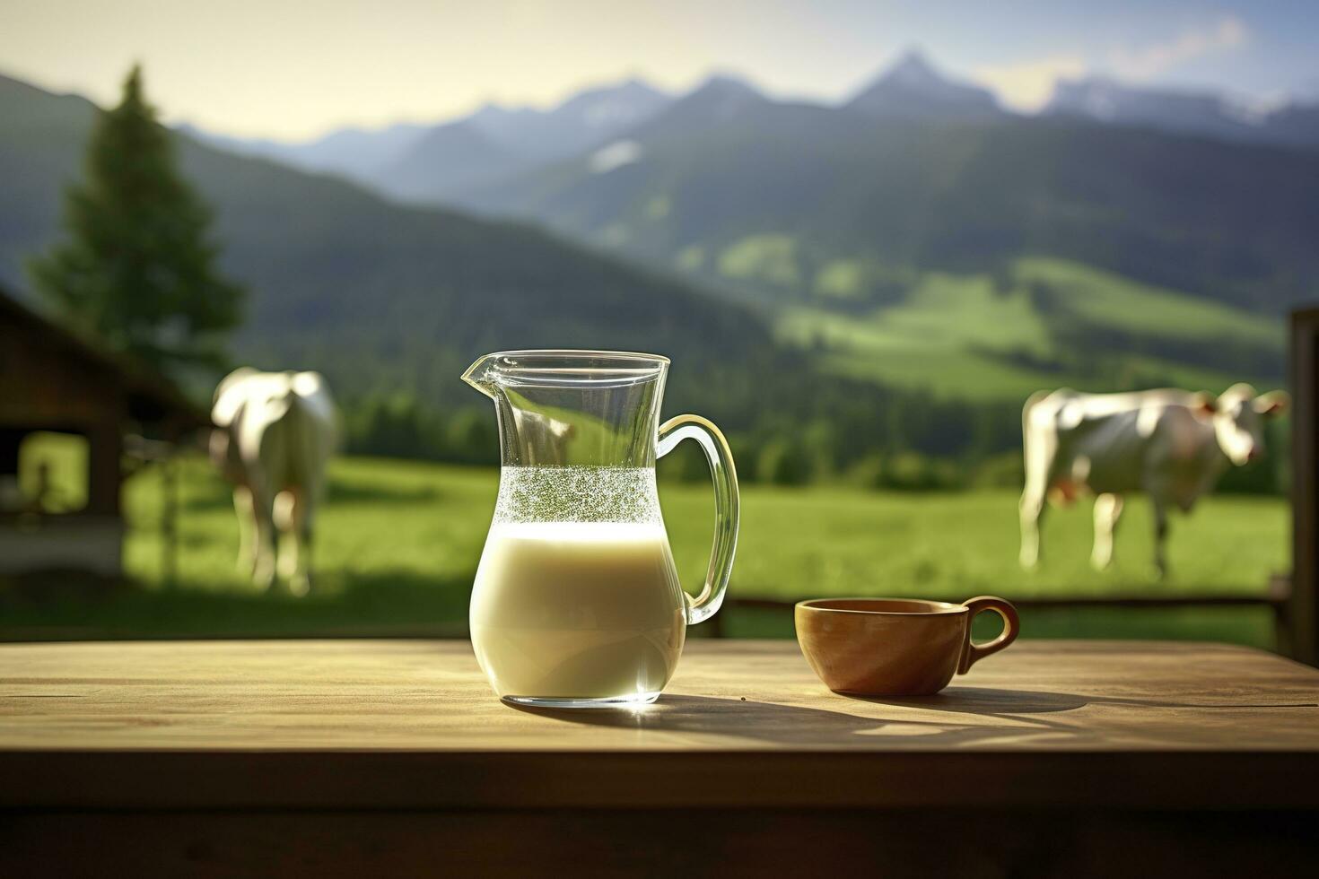 AI generated Glass pitcher with fresh milk on a wooden table. AI Generated photo