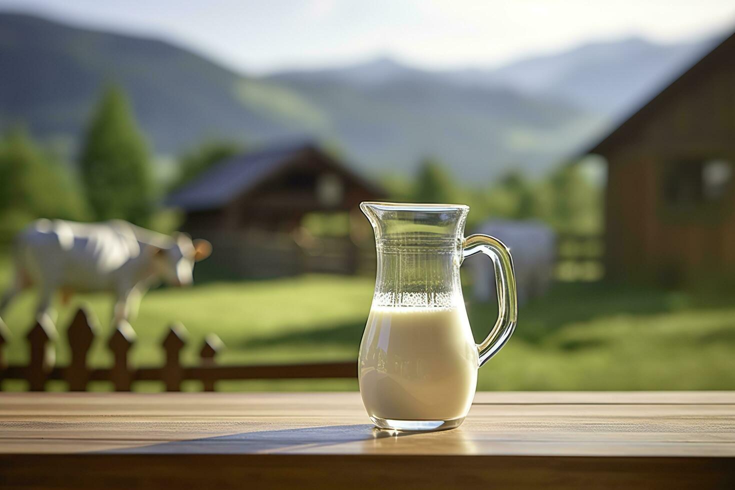 AI generated Glass pitcher with fresh milk on a wooden table. AI Generated photo