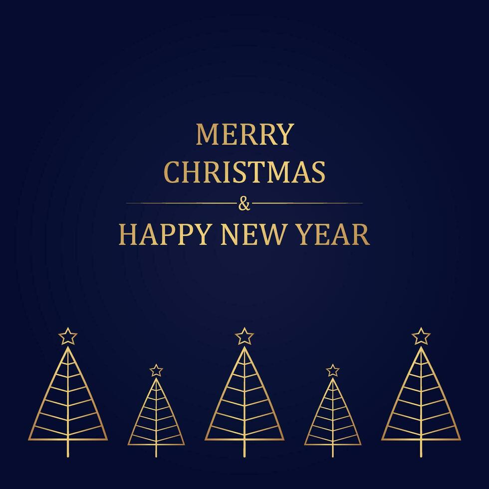 elegante Navidad saludo tarjeta en minimalismo dorado Navidad arboles en garabatear estilo, alegre Navidad y contento nuevo año saludos en un brillante azul antecedentes. vector ilustración.