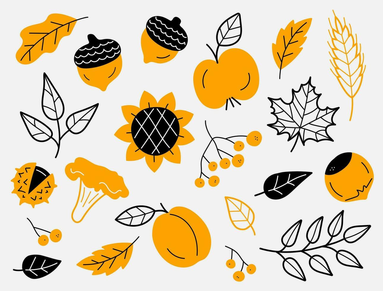 Autumn harvest symbols. Set of autumn elements in black and orange colors. Leaves, berries, fruits, vegetables, mushrooms, acorns. Hand-drawn, sketch. Vector illustration in doodle style.