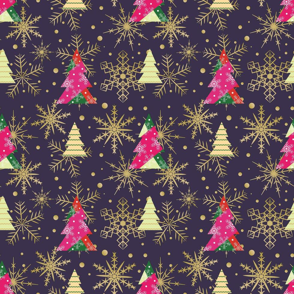 Seamless  Christmas  pattern with geometric trees and golden snowflakes on purple background vector