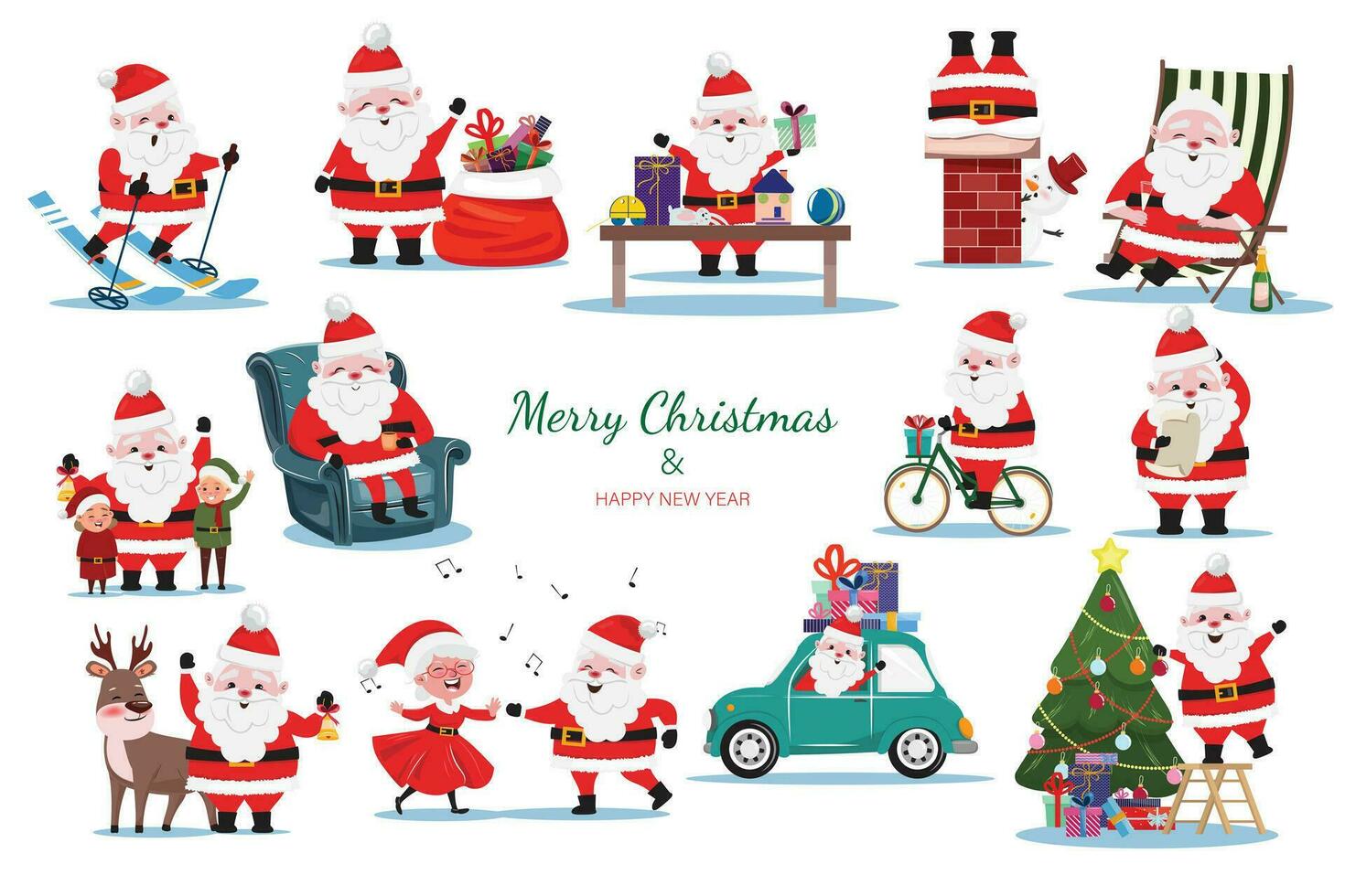 Santa Claus collection in flat cartoon style. Santa Claus in different situations and scenes vector