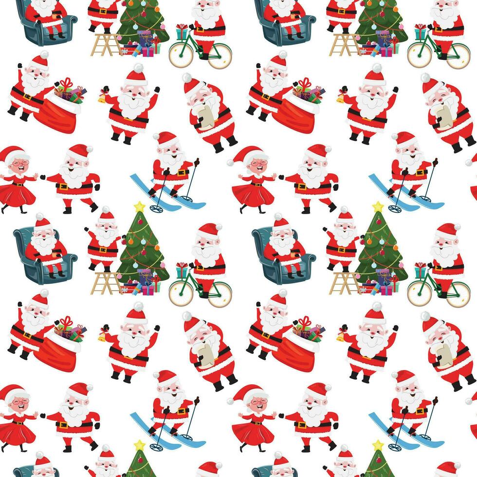 Background with Santa Claus and his wife. Santa Claus doing different activities and leisure vector