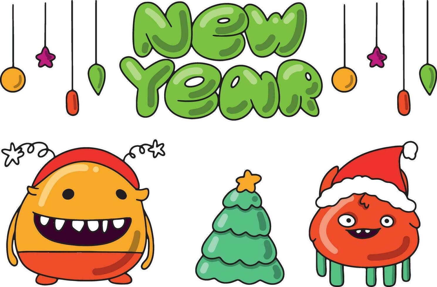 New Year's card in cartoon style with cute monsters and the inscription New Year. Can be used for printing on T-shirts, stickers, greeting cards. Vector illustration