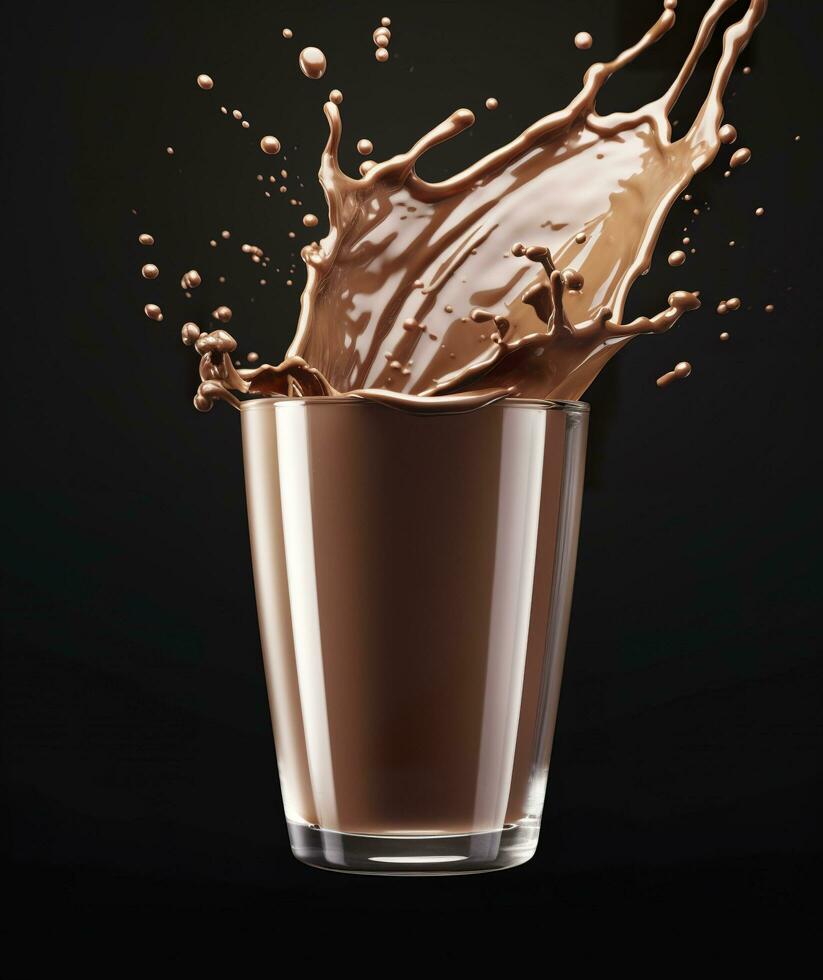 ai generado vaso con salpicaduras cacao, chocolate torrencial, y chapoteo. 3d ilustración. ai generado foto