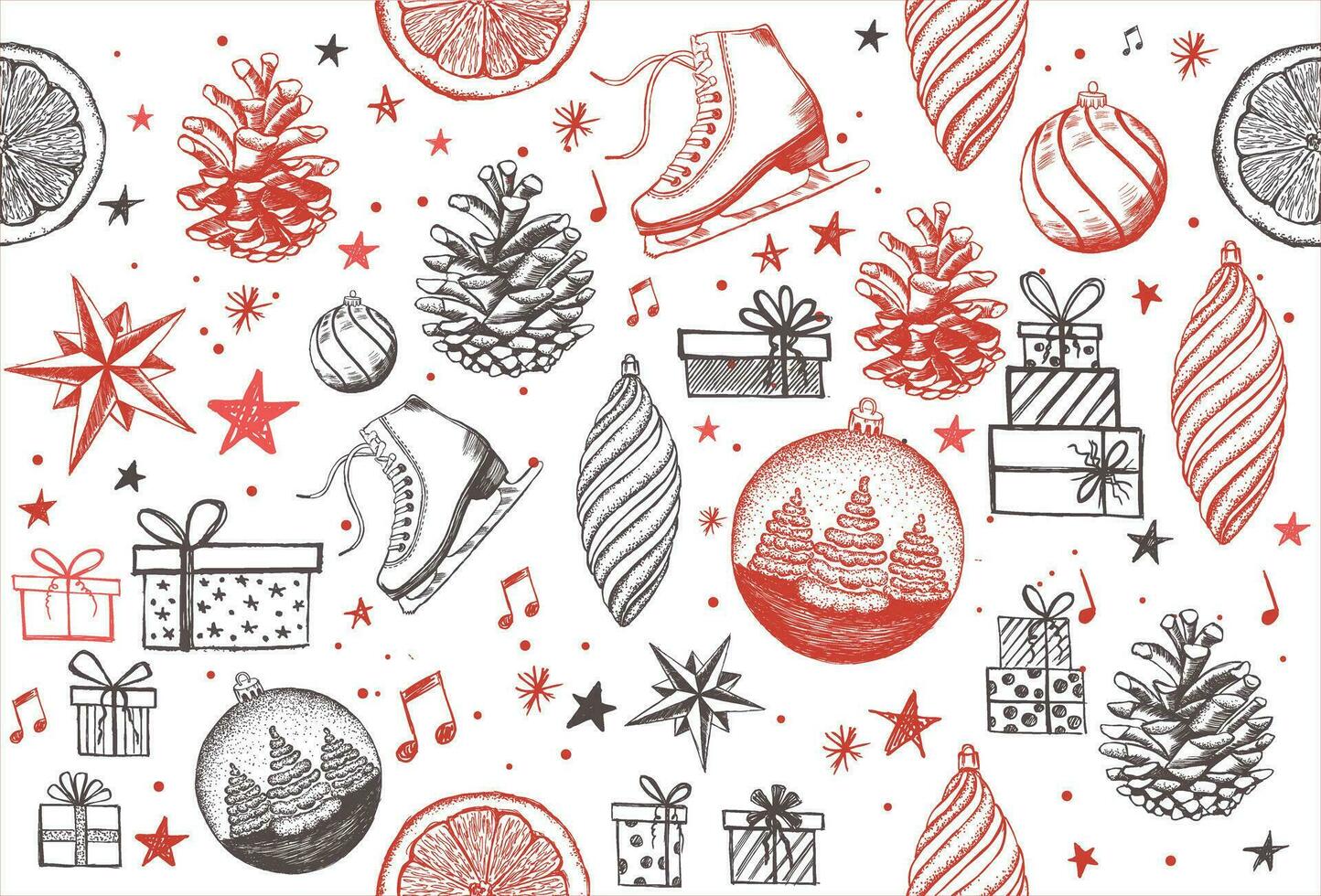 Christmas decorative elements like snow globe, gift box, decorative stars, tree wood, ski shoes, music note and many more for multiple use seamless pattern vector