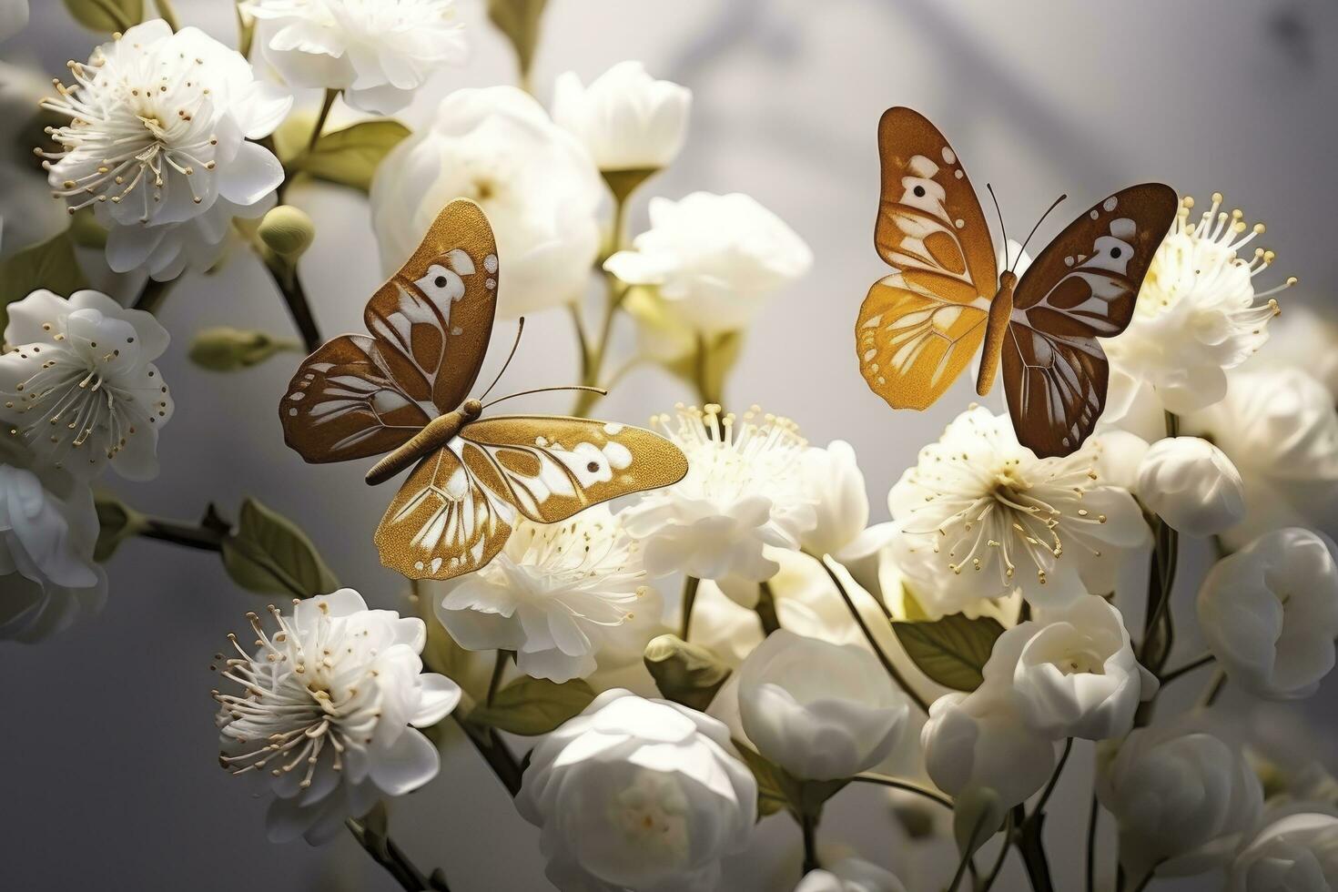 ai generado goden mariposas con blanco flores foto