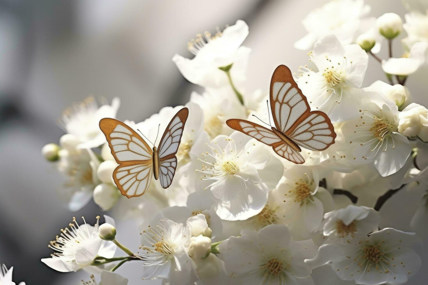 AI generated Goden butterflies with white flowers. photo