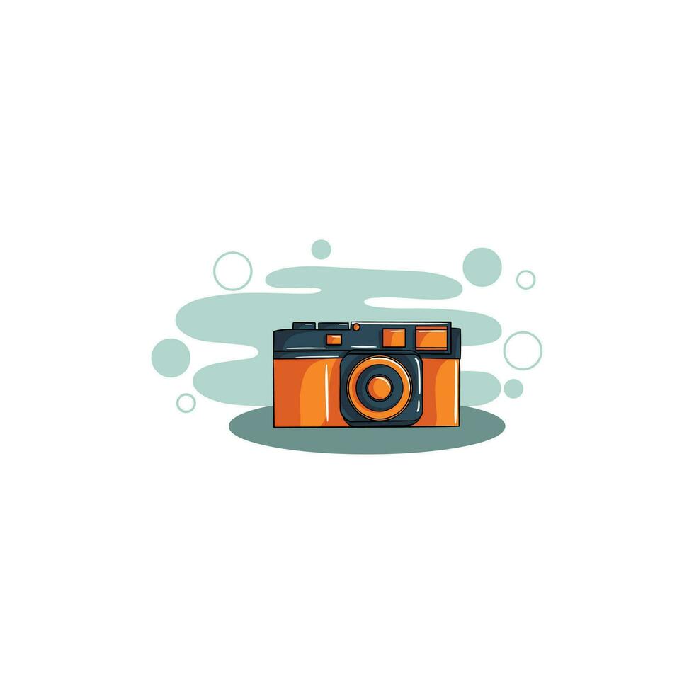 Vector illustration. Retro photo camera. Modern digital device with lens in vintage style. Sticker with contour. Isolated on white background