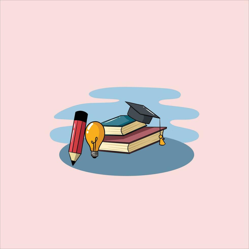 Graduation cap on books stacked, symbol of education, learning, knowledge, intelligence, flat cartoon. vector