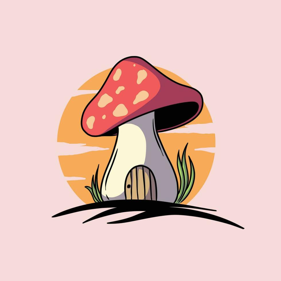 Fairy mushroom house isolated on background. Vector cartoon illustration of fantasy mushroom hut with wooden door.