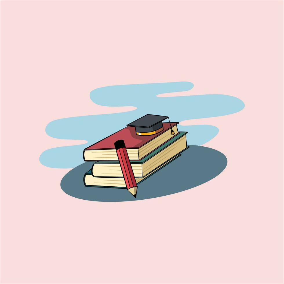 Graduation cap on books stacked, symbol of education, learning, knowledge, intelligence, flat cartoon. vector
