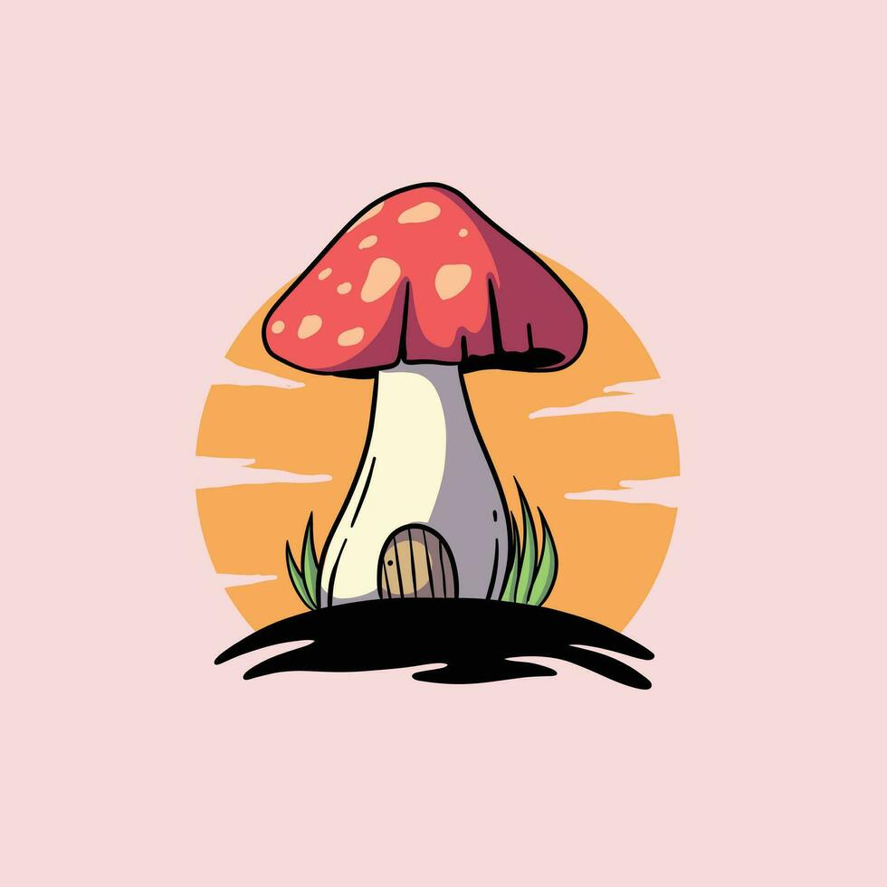Fairy mushroom house isolated on background. Vector cartoon illustration of fantasy mushroom hut with wooden door.