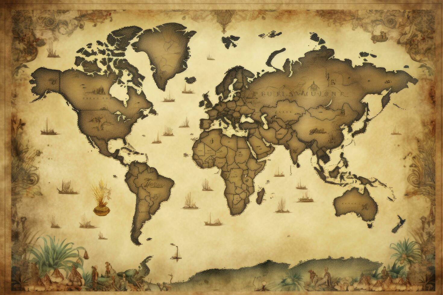 AI generated Great detailed illustration of the world map in vintage style. AI Generated photo