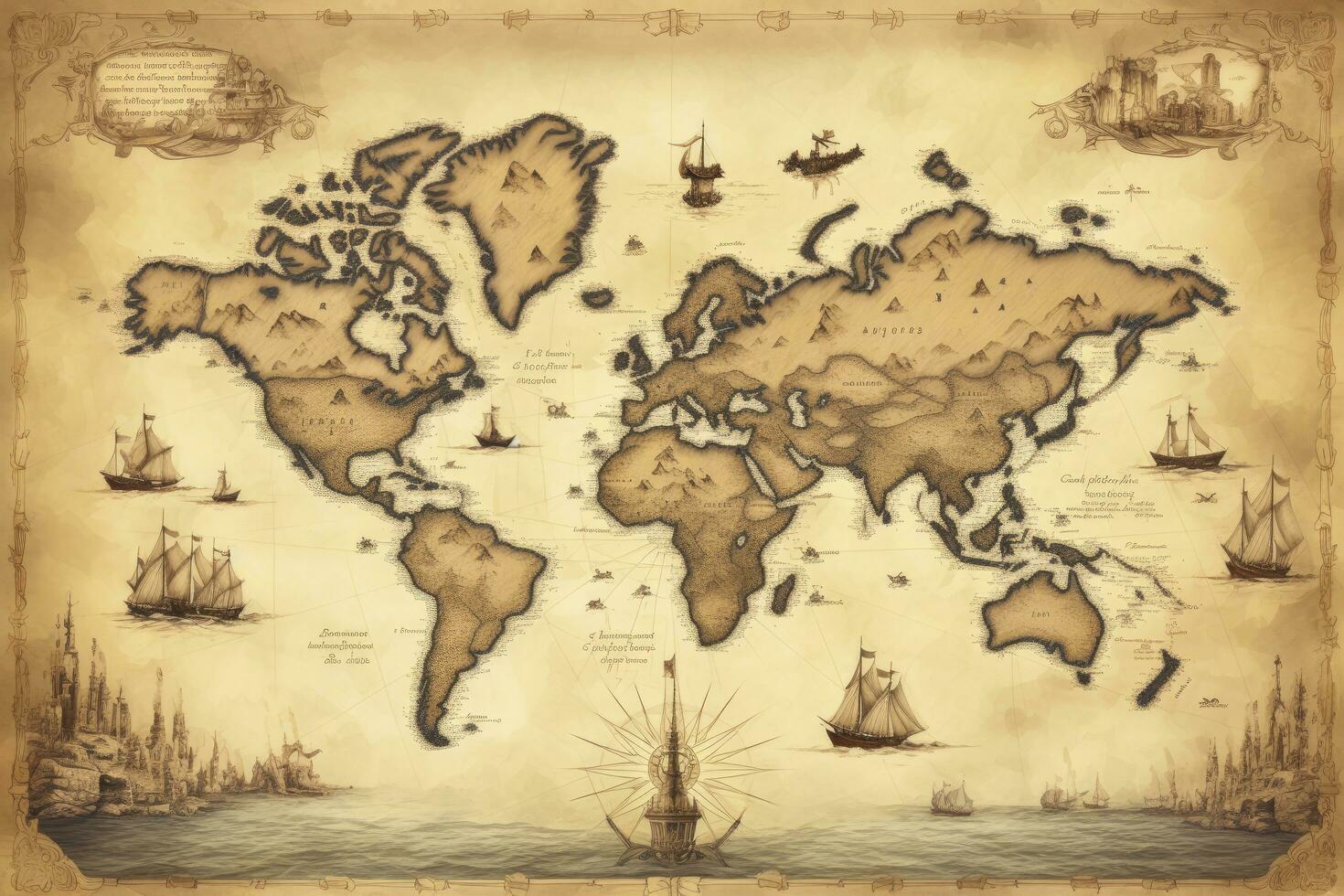 AI generated Great detailed illustration of the world map in vintage style. AI Generated photo