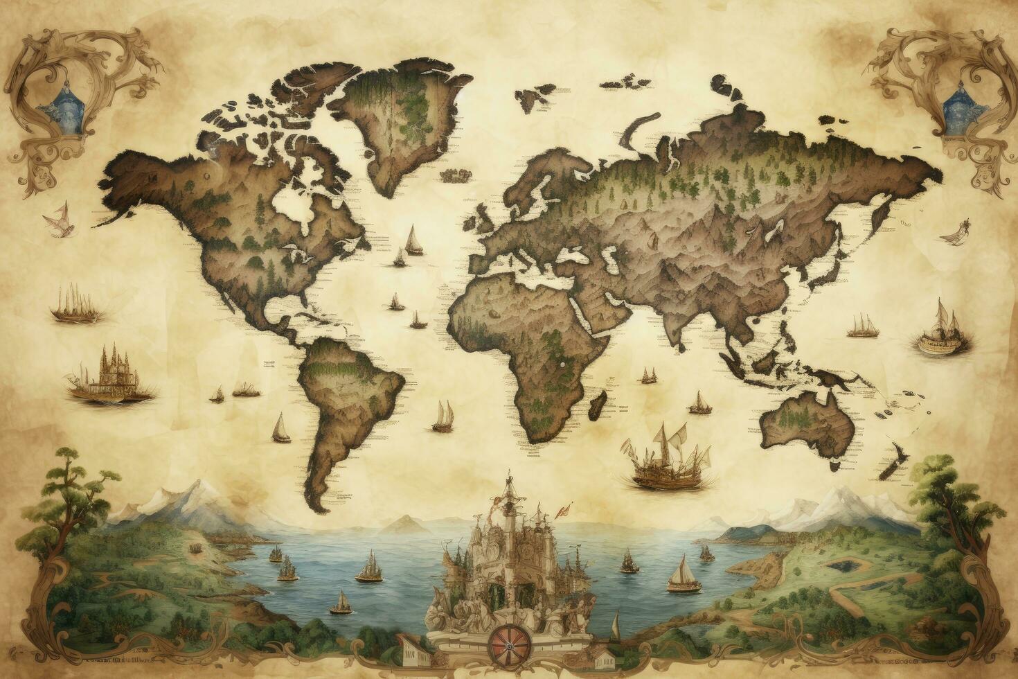 AI generated Great detailed illustration of the world map in vintage style. AI Generated photo