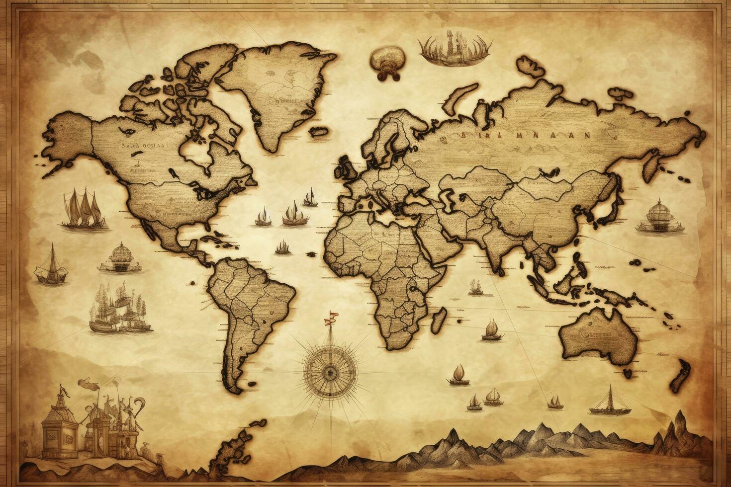 AI generated Great detailed illustration of the world map in vintage style. AI Generated photo