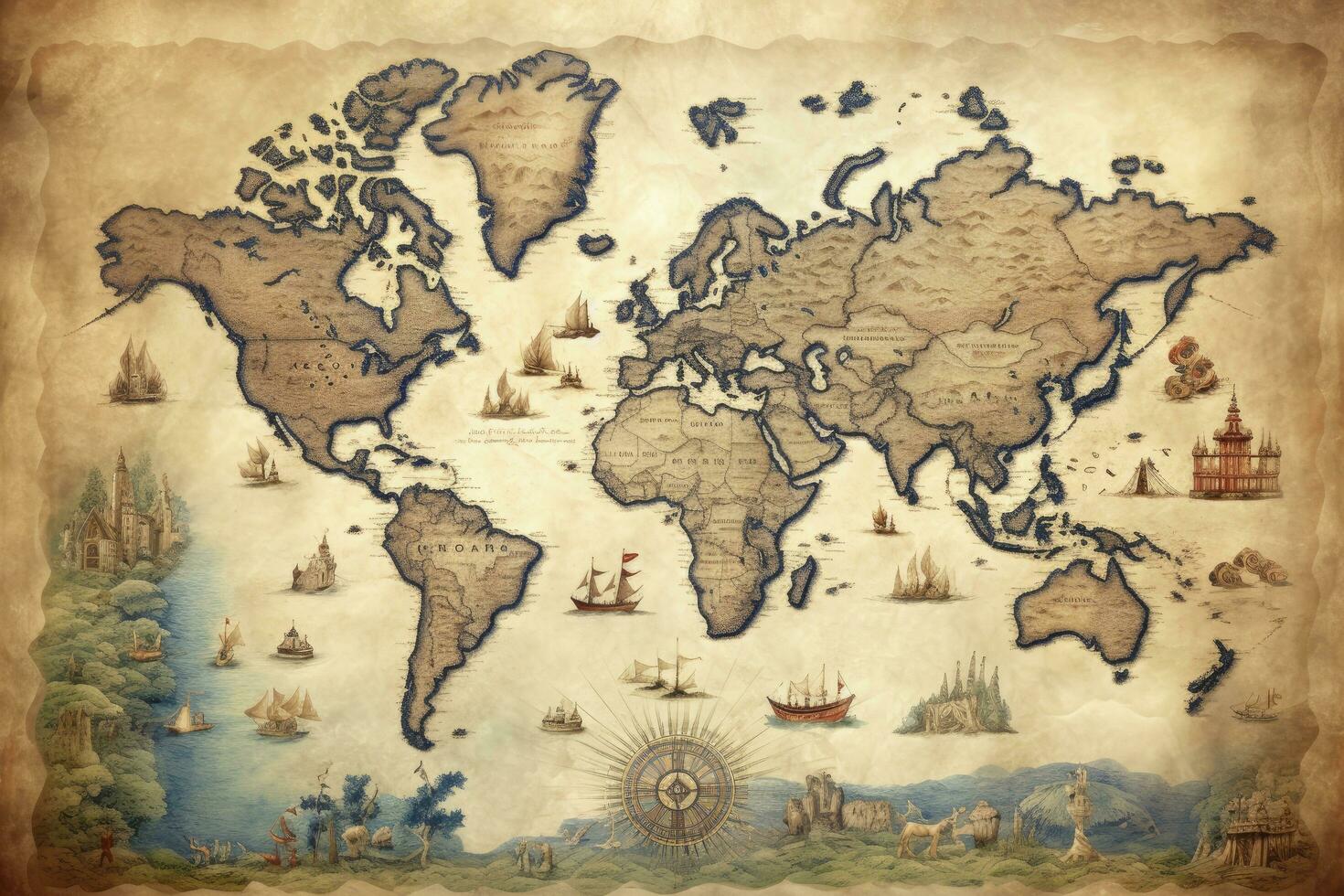 AI generated Great detailed illustration of the world map in vintage style. AI Generated photo