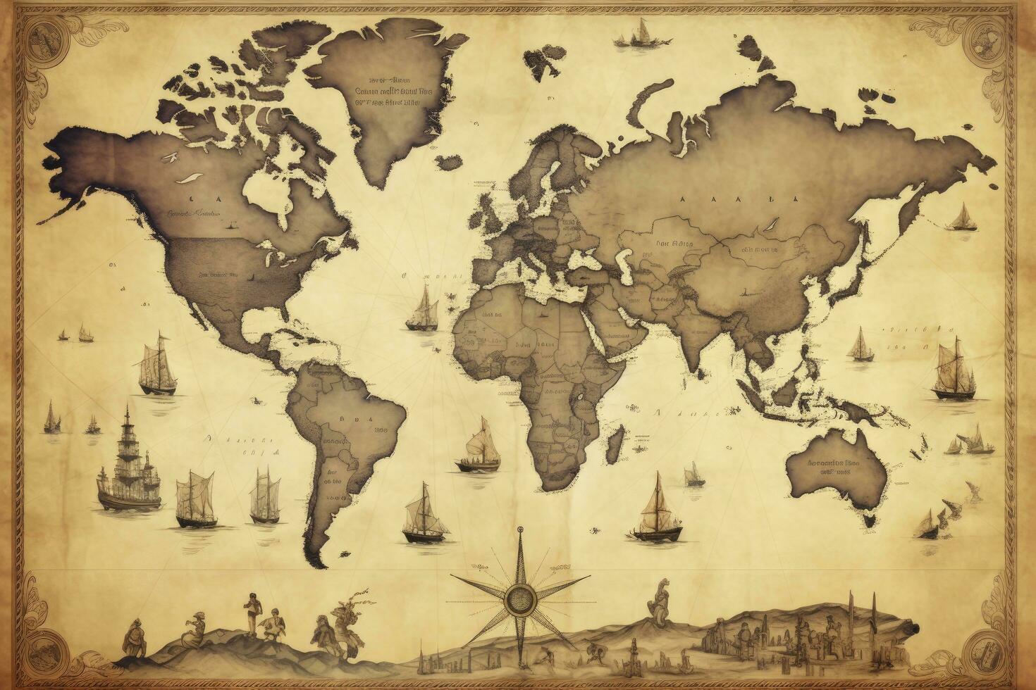 AI generated Great detailed illustration of the world map in vintage style. AI Generated photo