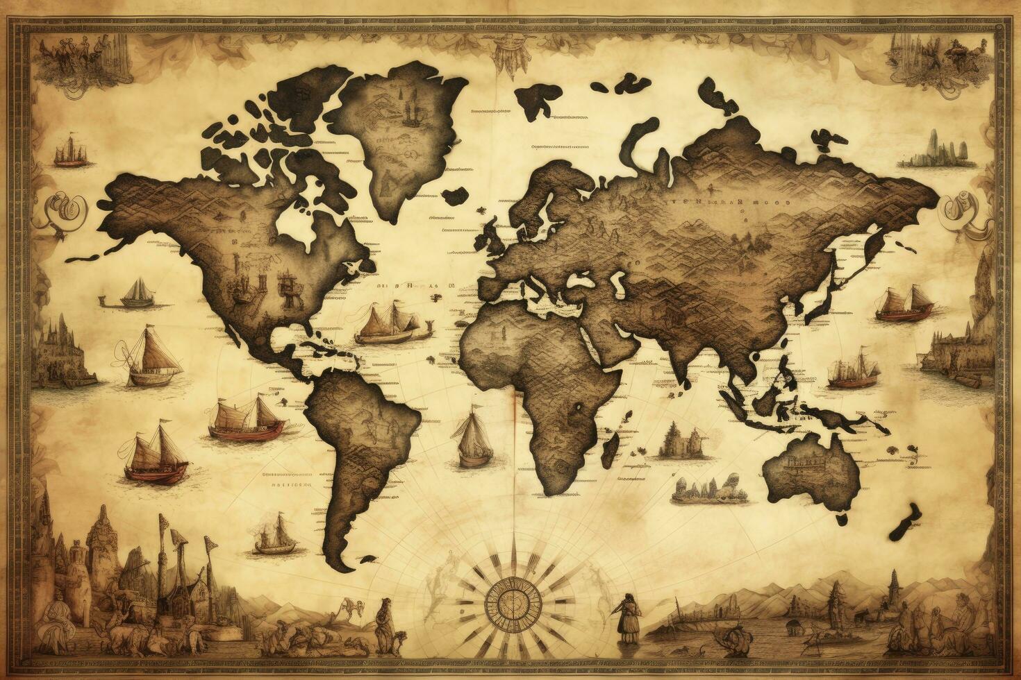 AI generated Great detailed illustration of the world map in vintage style. AI Generated photo