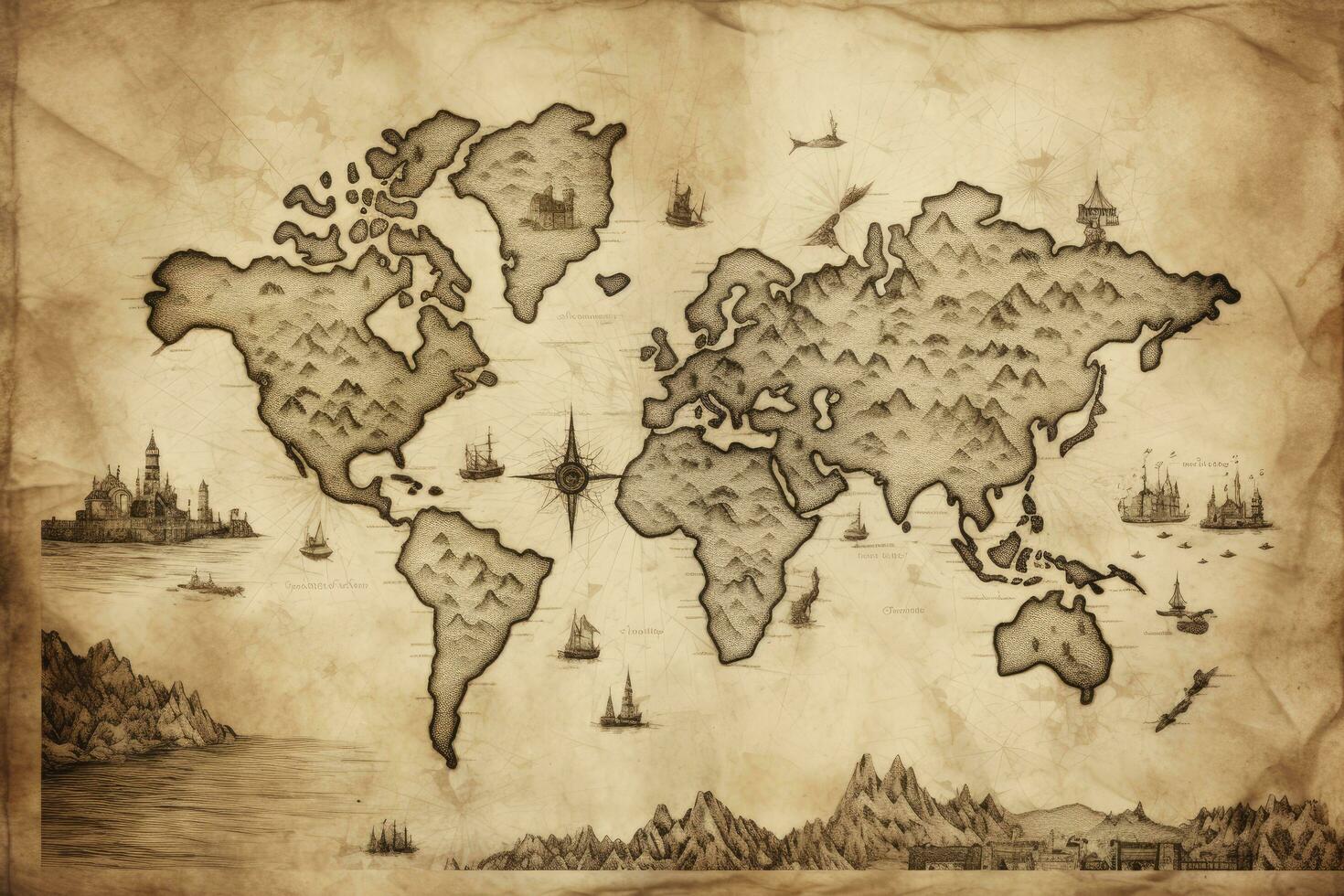 AI generated Great detailed illustration of the world map in vintage style. AI Generated photo