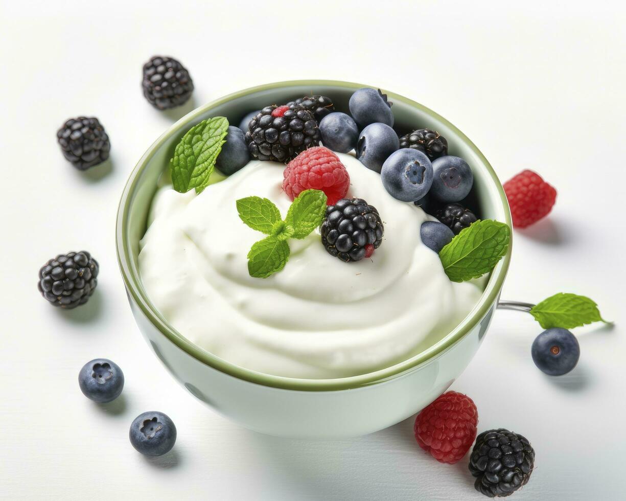 AI generated Green bowl of greek yogurt and fresh berries isolated on white background. AI Generated photo