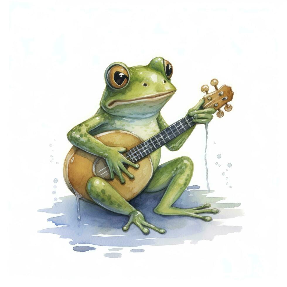 AI generated Watercolor green frog playing a tiny musical instrument on white background. AI Generated photo