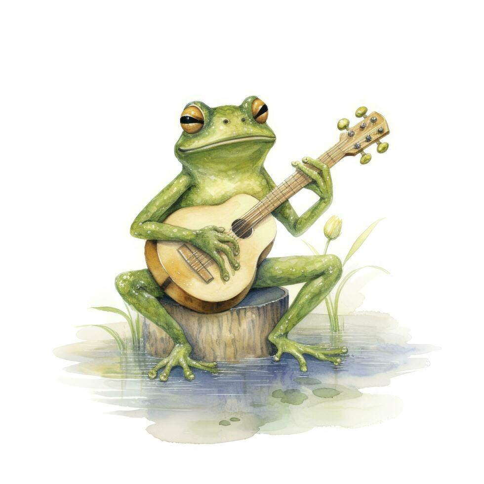 AI generated Watercolor green frog playing a tiny musical instrument on white background. AI Generated photo