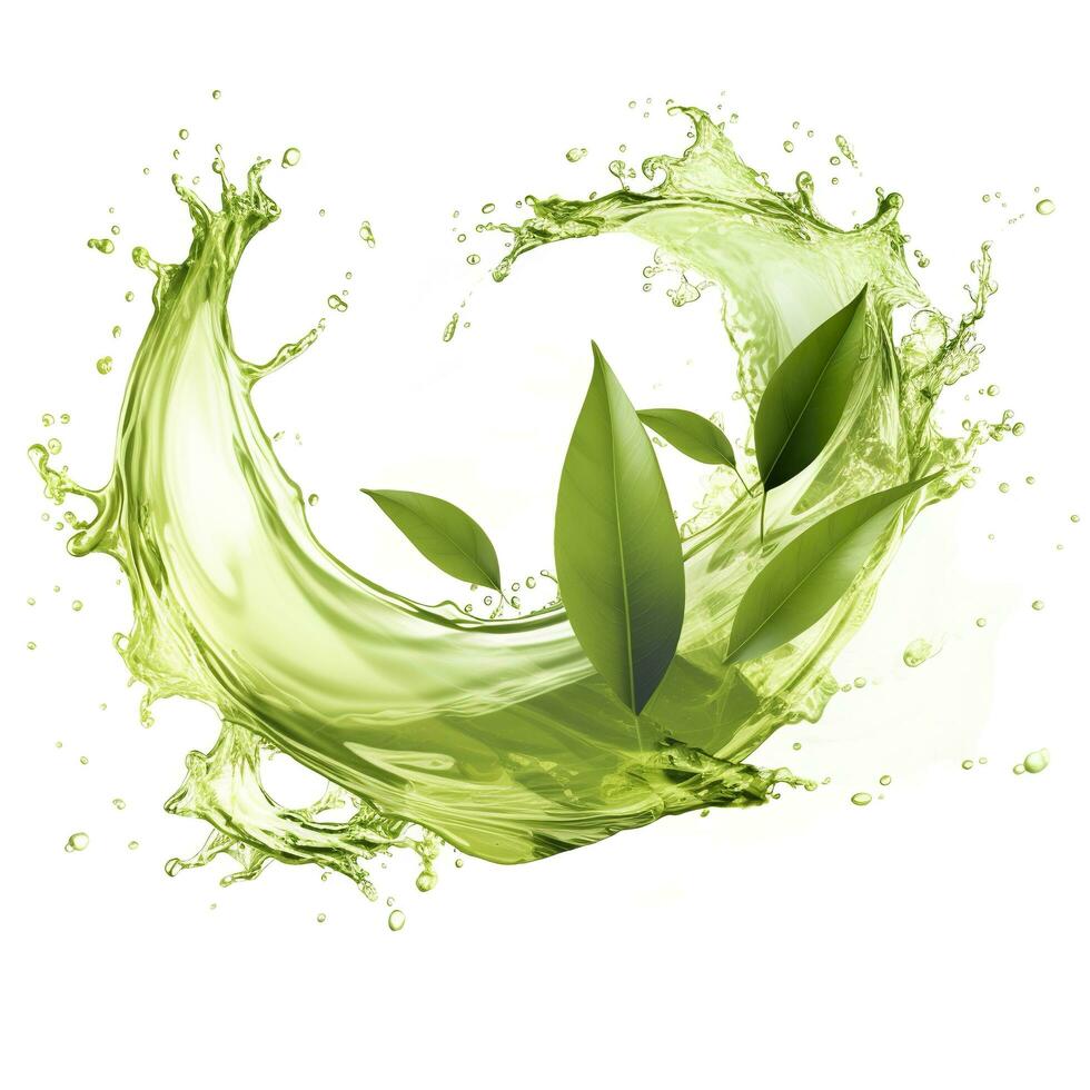 AI generated Green herbal tea wave splash with leaves flow. AI Generated photo