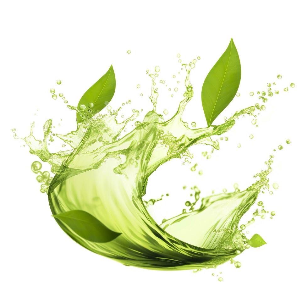AI generated Green herbal tea wave splash with leaves flow. AI Generated photo