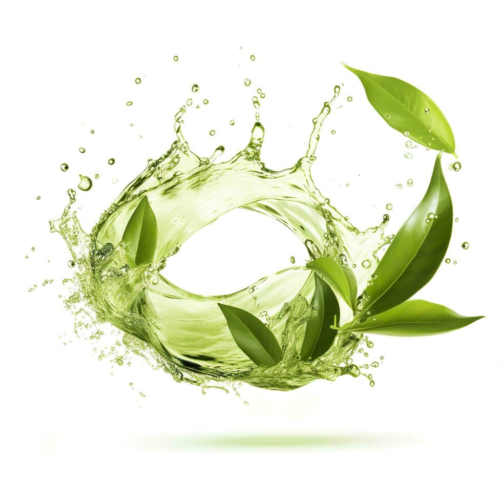 AI generated Green herbal tea wave splash with leaves flow. AI Generated photo