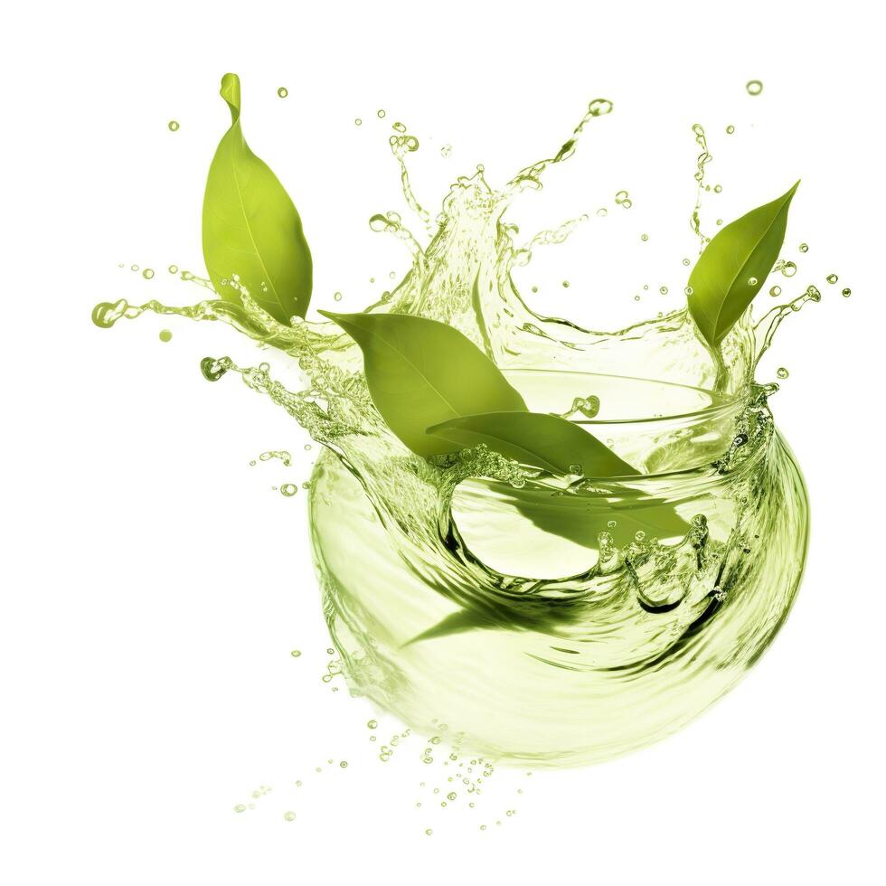 AI generated Green herbal tea wave splash with leaves flow. AI Generated photo