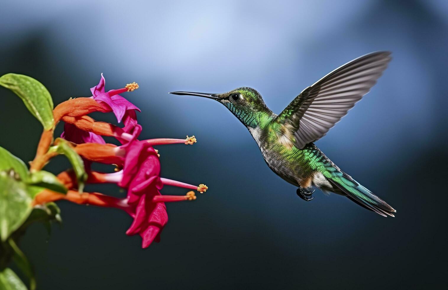 AI generated Hummingbird bird flying next to a beautiful red flower with rain. AI Generated photo