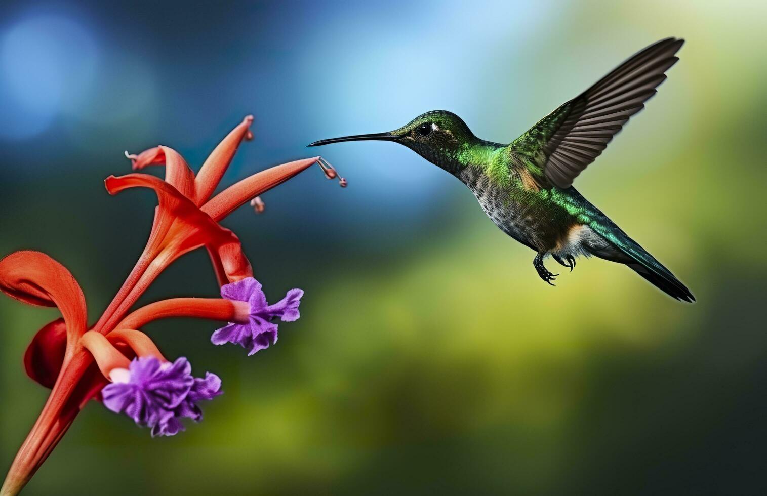 AI generated Hummingbird bird flying next to a beautiful red flower with rain. AI Generated photo