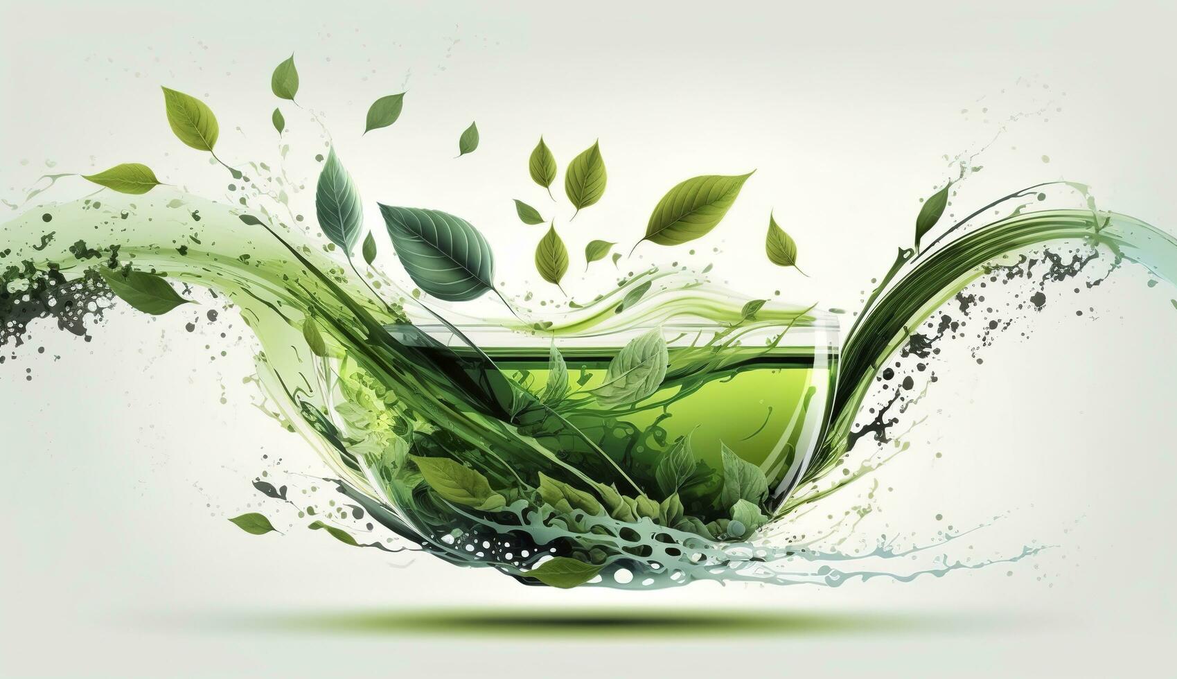 AI generated Green herbal tea wave splash with leaves flow. AI Generated photo