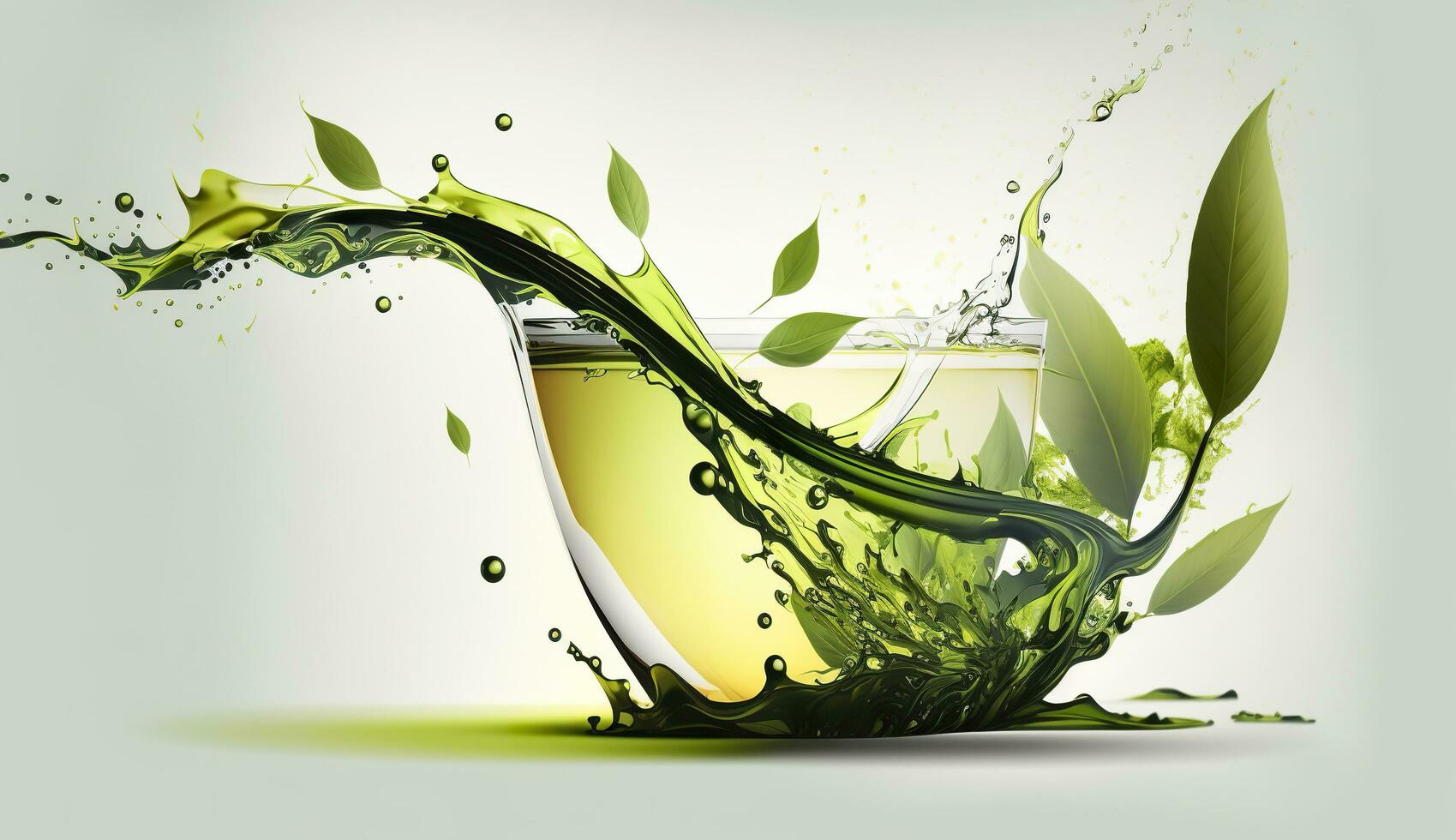 AI generated Green herbal tea wave splash with leaves flow. AI Generated photo