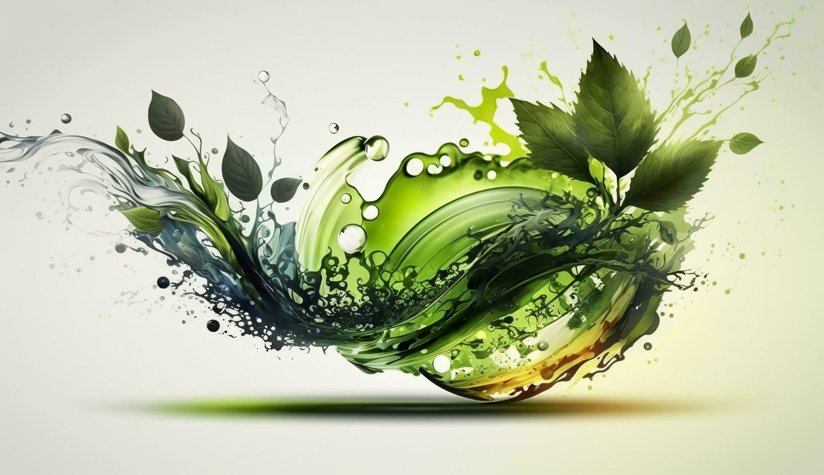 AI generated Green herbal tea wave splash with leaves flow. AI Generated photo