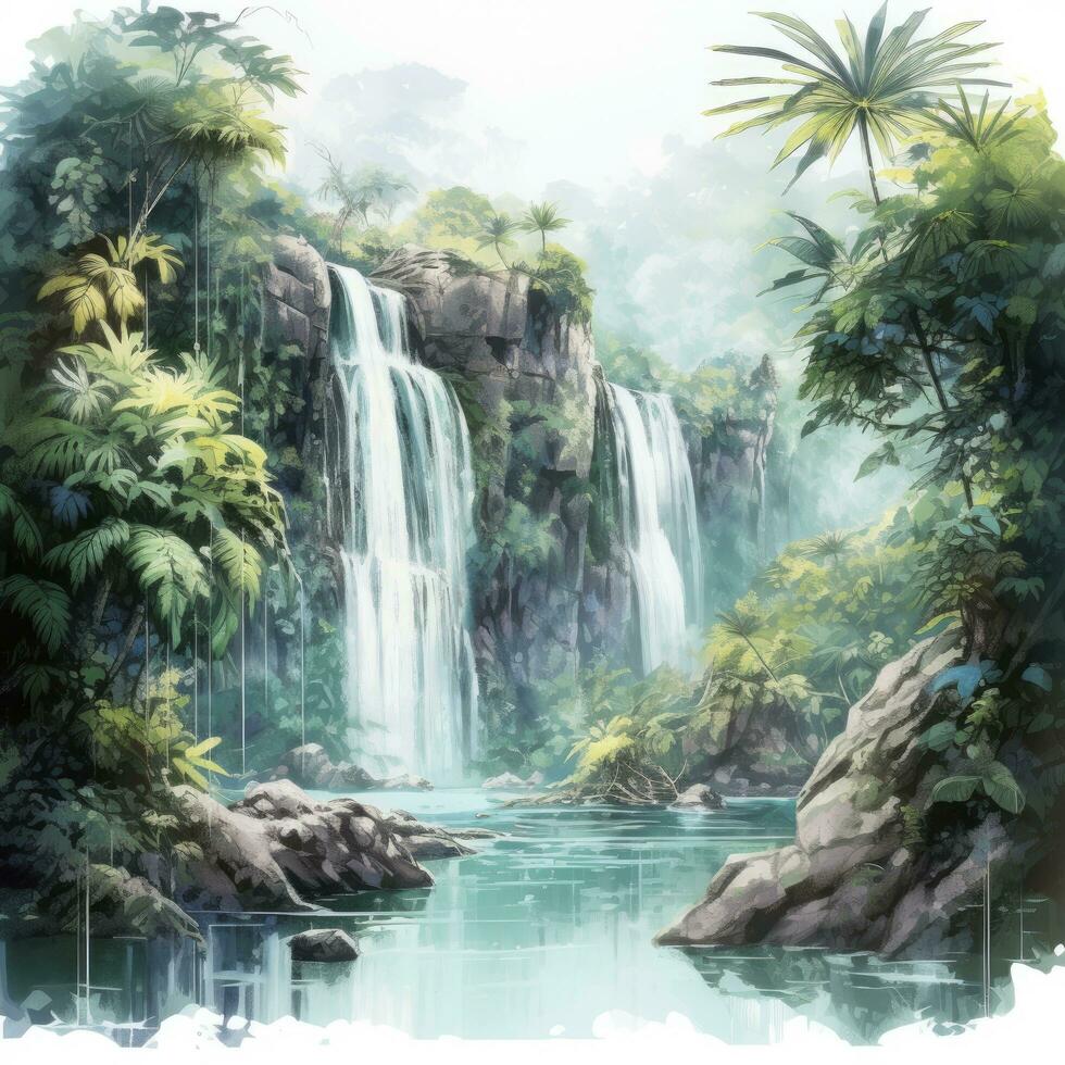AI generated Green tropical waterfall in the forest. AI Generated photo