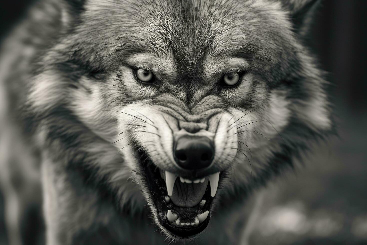 AI generated Greyscale closeup shot of an angry wolf with a blurred background. AI Generated photo